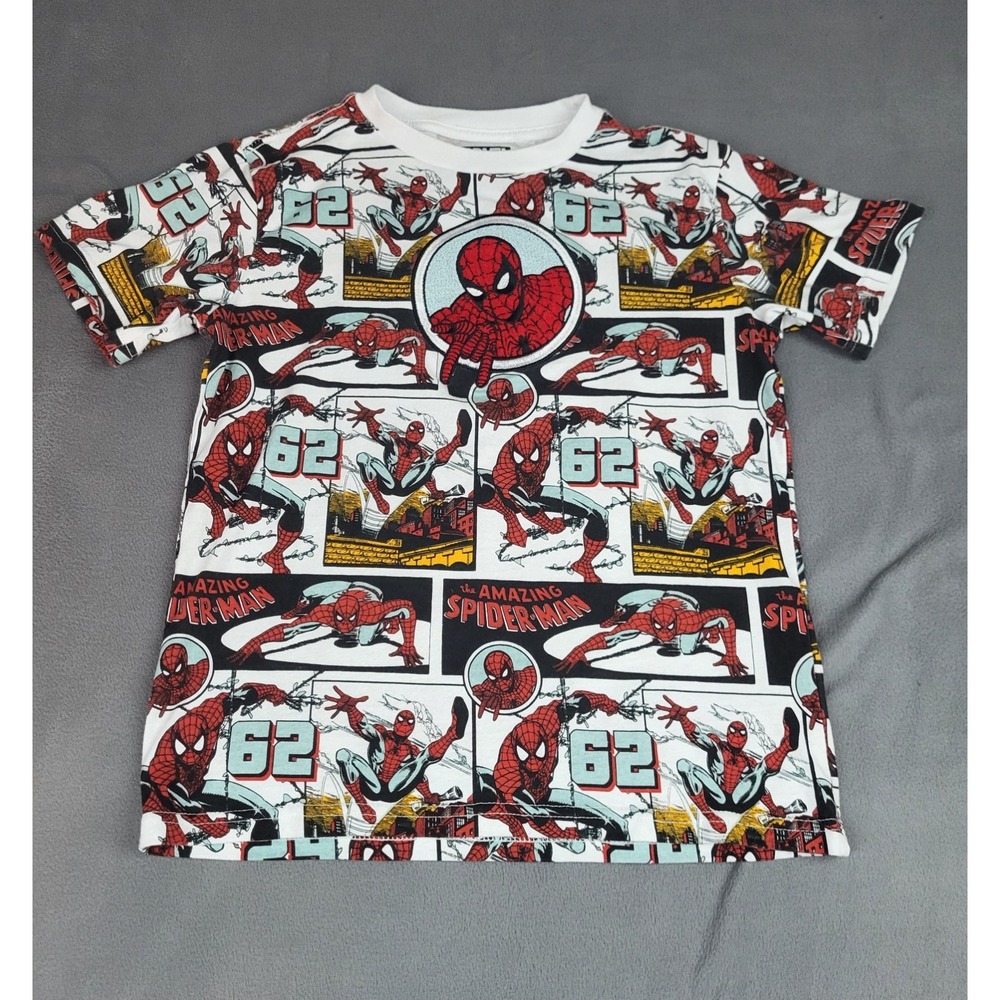 Marvel Amazing Spiderman Shirt Boys Small (10) White AOP Comic Stripe Raised